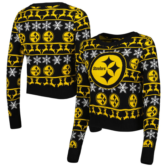 Women's FOCO Black Pittsburgh Steelers Ugly Holiday Cropped Sweater