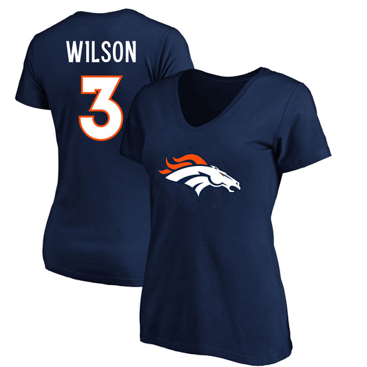 Women's Fanatics Russell Wilson Navy Denver Broncos Plus Size Player Name & Number V-Neck T-Shirt