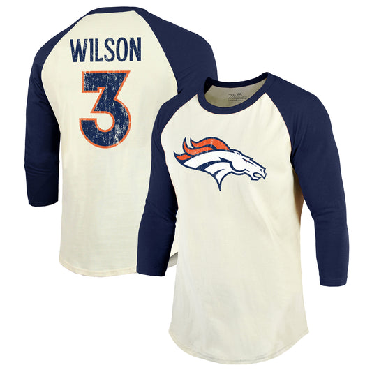 Men's Majestic Threads Russell Wilson Cream/Navy Denver Broncos Vintage Player Name & Number Raglan 3/4-Sleeve T-Shirt