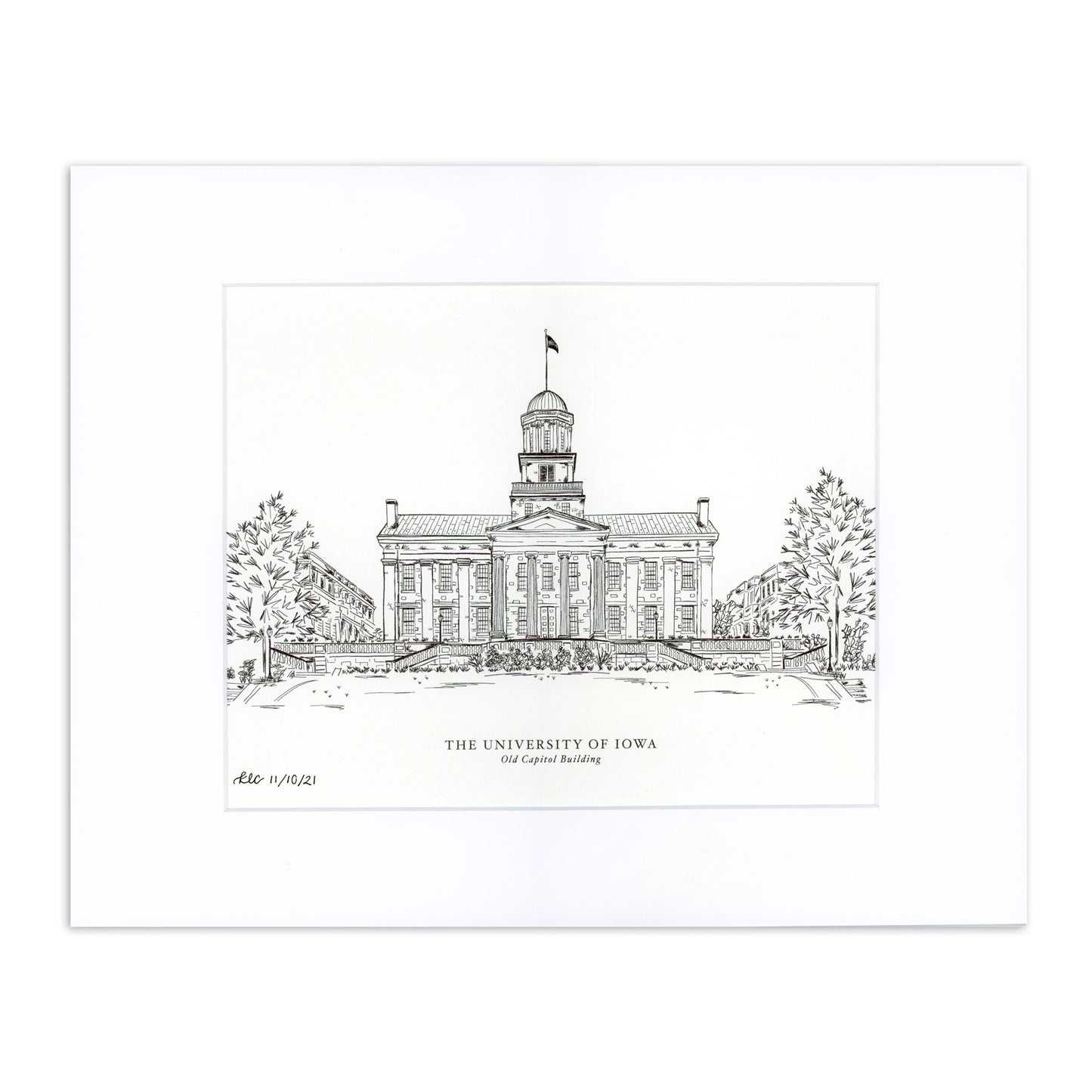 Iowa Hawkeyes Black & White Art Print Old Capitol Building - Medium 11'' x 14''