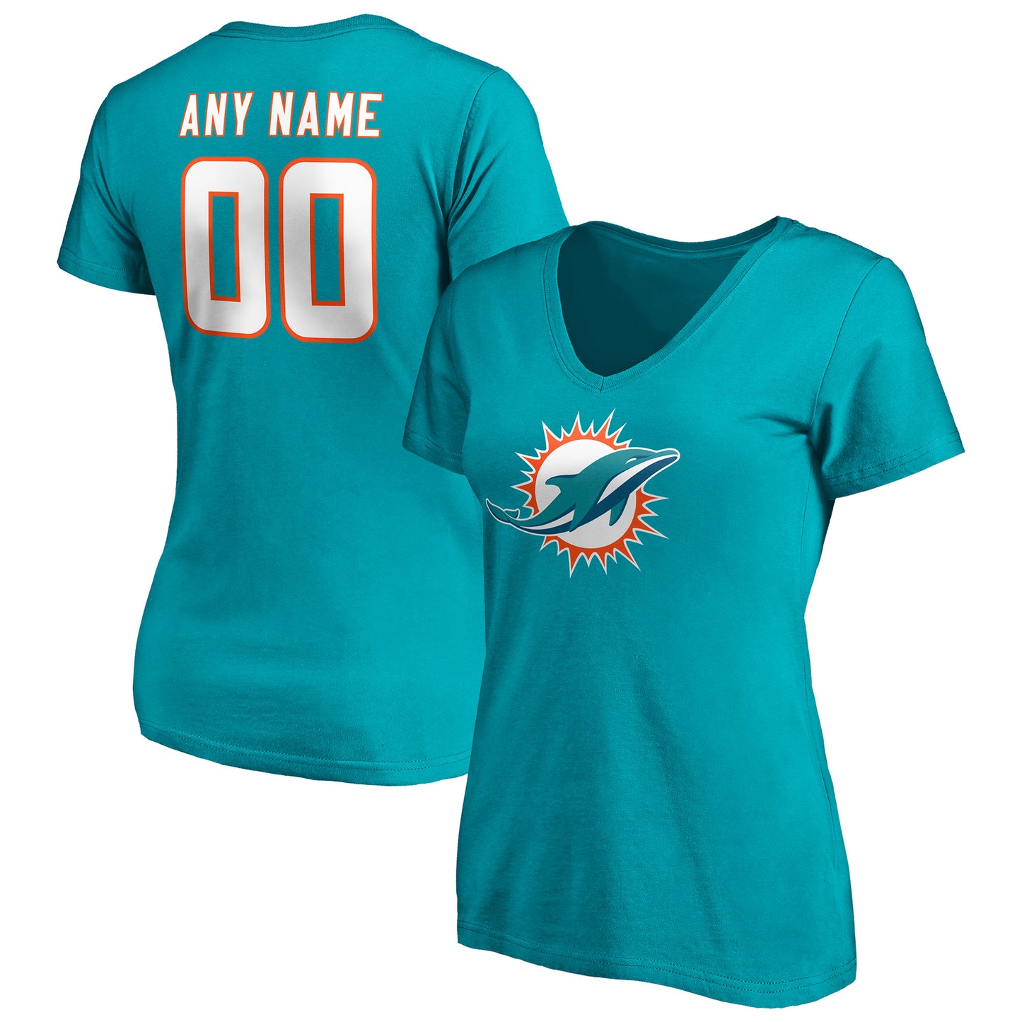 Women's Aqua Miami Dolphins Team Authentic Personalized Name & Number V-Neck T-Shirt