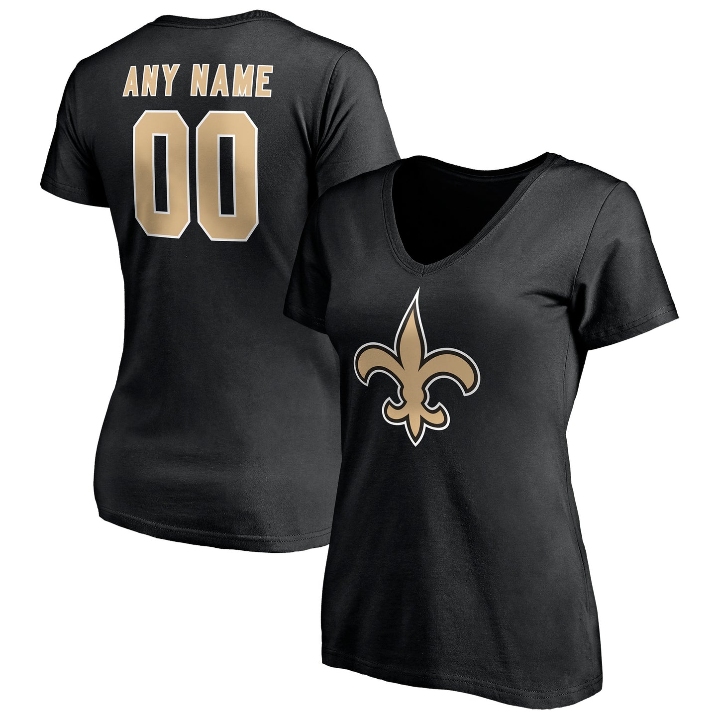 Women's Black New Orleans Saints Team Authentic Personalized Name & Number V-Neck T-Shirt