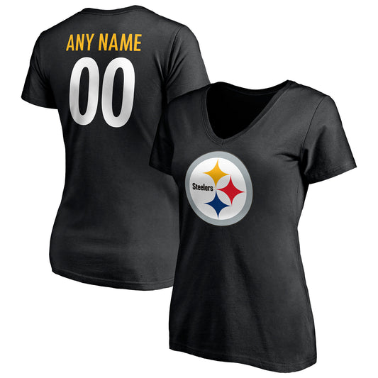 Women's Black Pittsburgh Steelers Team Authentic Personalized Name & Number V-Neck T-Shirt