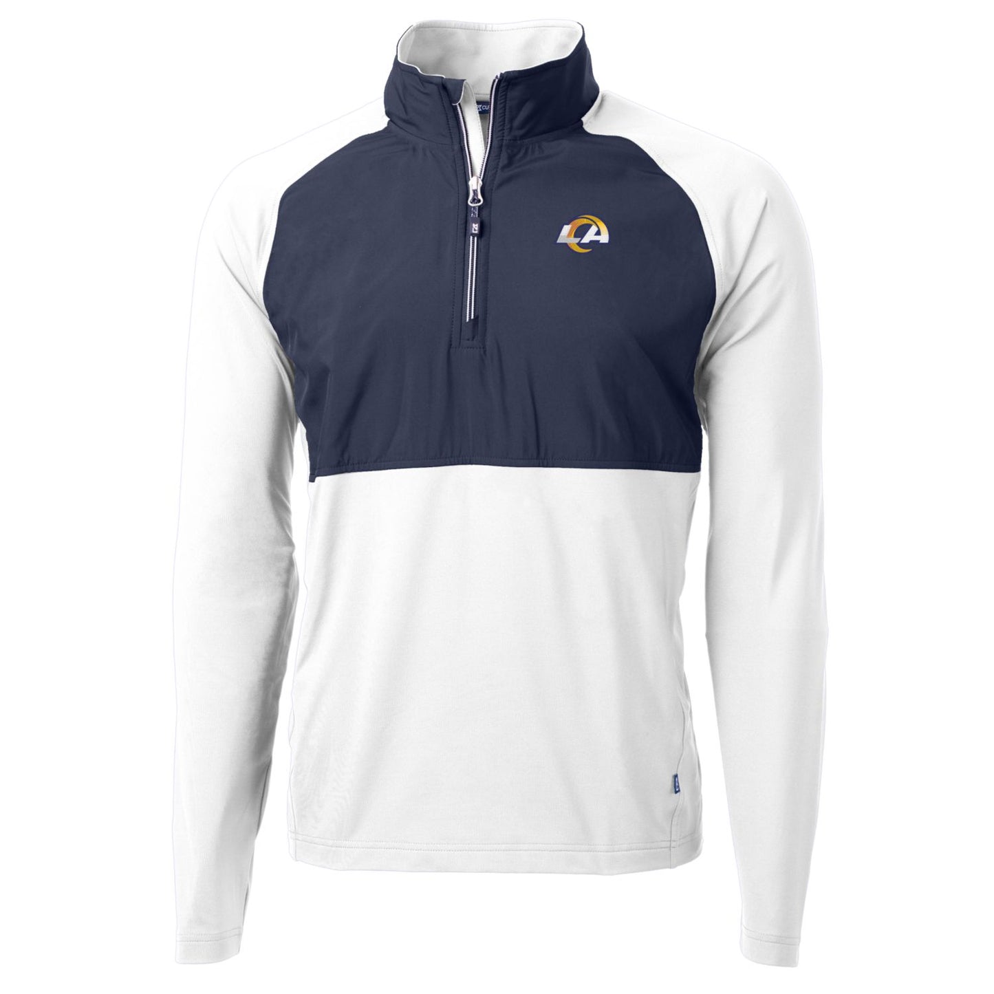 Men's Cutter & Buck Navy/White Los Angeles Rams Adapt Eco Knit Hybrid Recycled Quarter-Zip Raglan Jacket