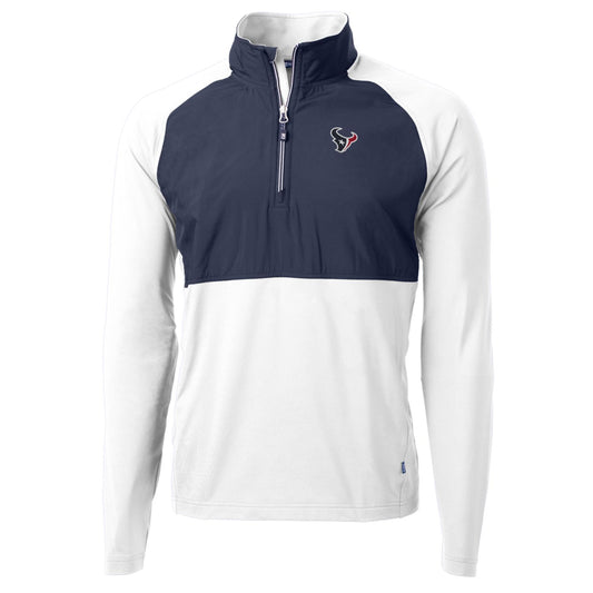 Men's Cutter & Buck Navy/White Houston Texans Adapt Eco Knit Hybrid Recycled Quarter-Zip Raglan Jacket