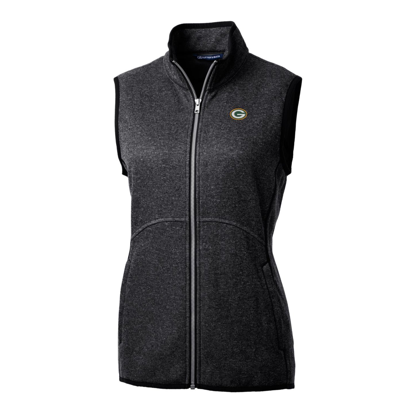 Women's Cutter & Buck Heathered Charcoal Green Bay Packers Mainsail Sweater-Knit Full-Zip Vest