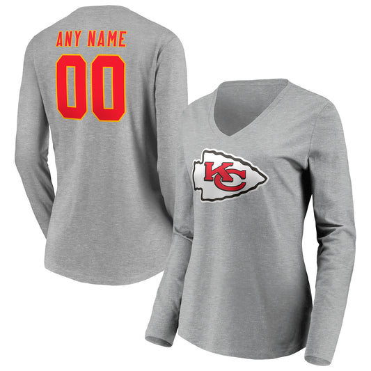 Women's Gray Kansas City Chiefs Team Authentic Custom Long Sleeve V-Neck T-Shirt