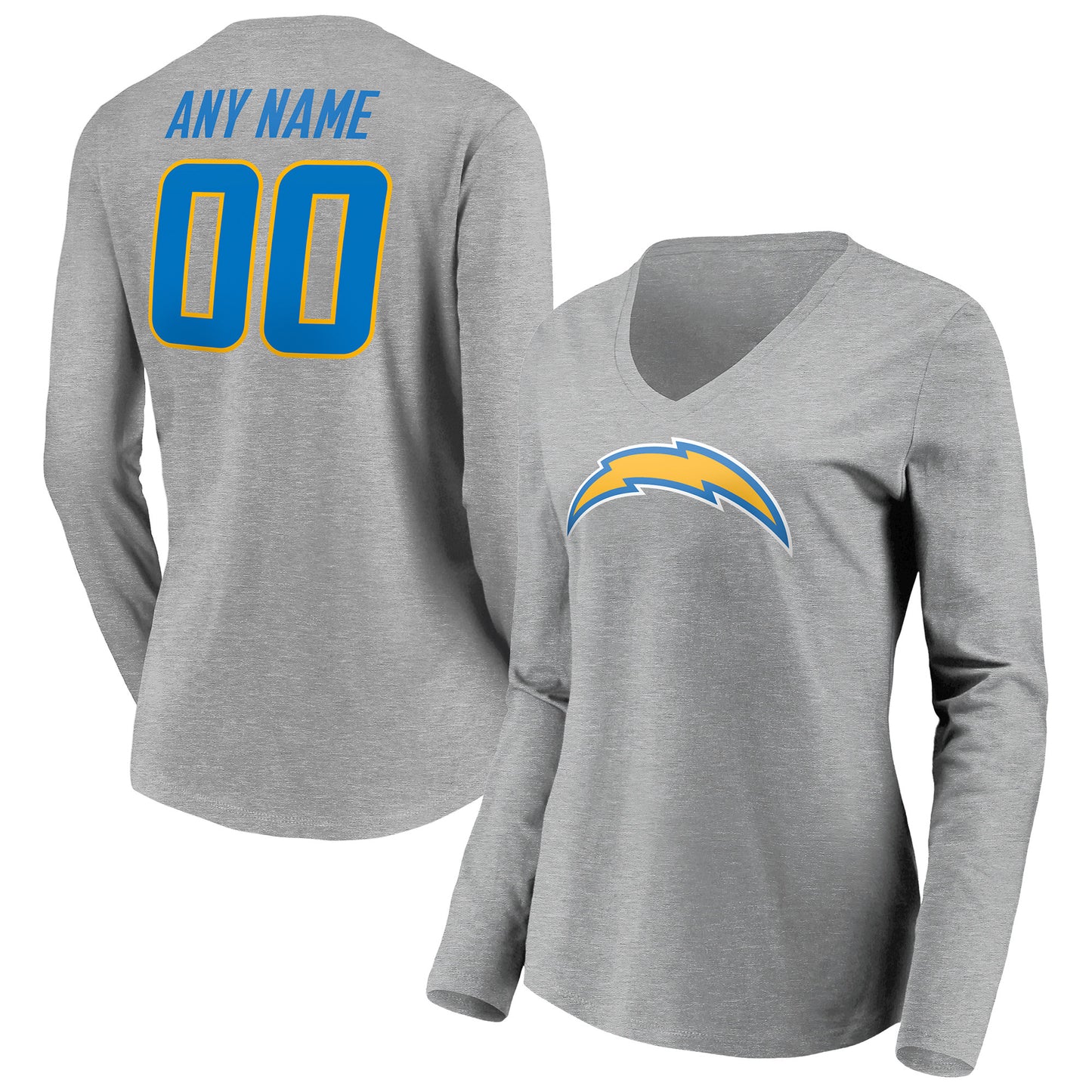 Women's Gray Los Angeles Chargers Team Authentic Custom Long Sleeve V-Neck T-Shirt
