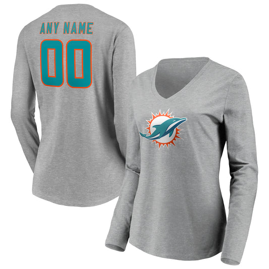 Women's Gray Miami Dolphins Team Authentic Custom Long Sleeve V-Neck T-Shirt