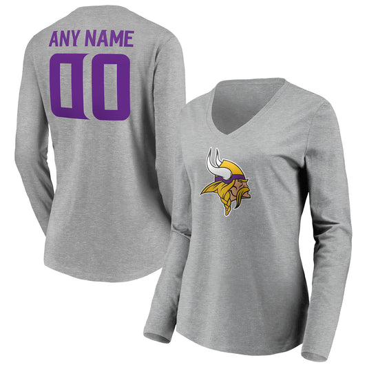 Women's Gray Minnesota Vikings Team Authentic Custom Long Sleeve V-Neck T-Shirt