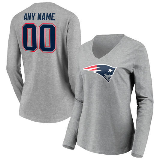 Women's Gray New England Patriots Team Authentic Custom Long Sleeve V-Neck T-Shirt