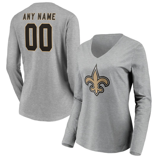 Women's Gray New Orleans Saints Team Authentic Custom Long Sleeve V-Neck T-Shirt