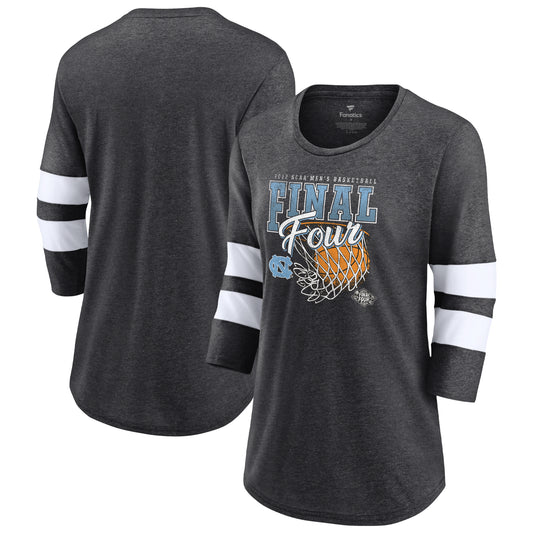 Women's Fanatics Heathered Charcoal North Carolina Tar Heels 2022 NCAA Men's Basketball Tournament March Madness Final Four Banners Vintage 3/4 Sleeve Scoop Neck T-Shirt