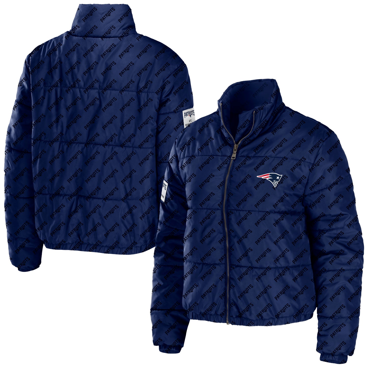 Women's WEAR by Erin Andrews Navy New England Patriots Puffer Full-Zip Cropped Jacket