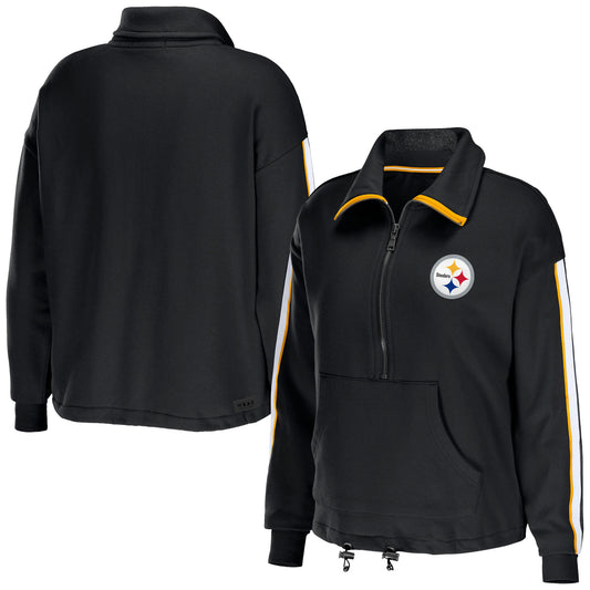 Women's WEAR by Erin Andrews Black Pittsburgh Steelers Logo Stripe Half-Zip Top