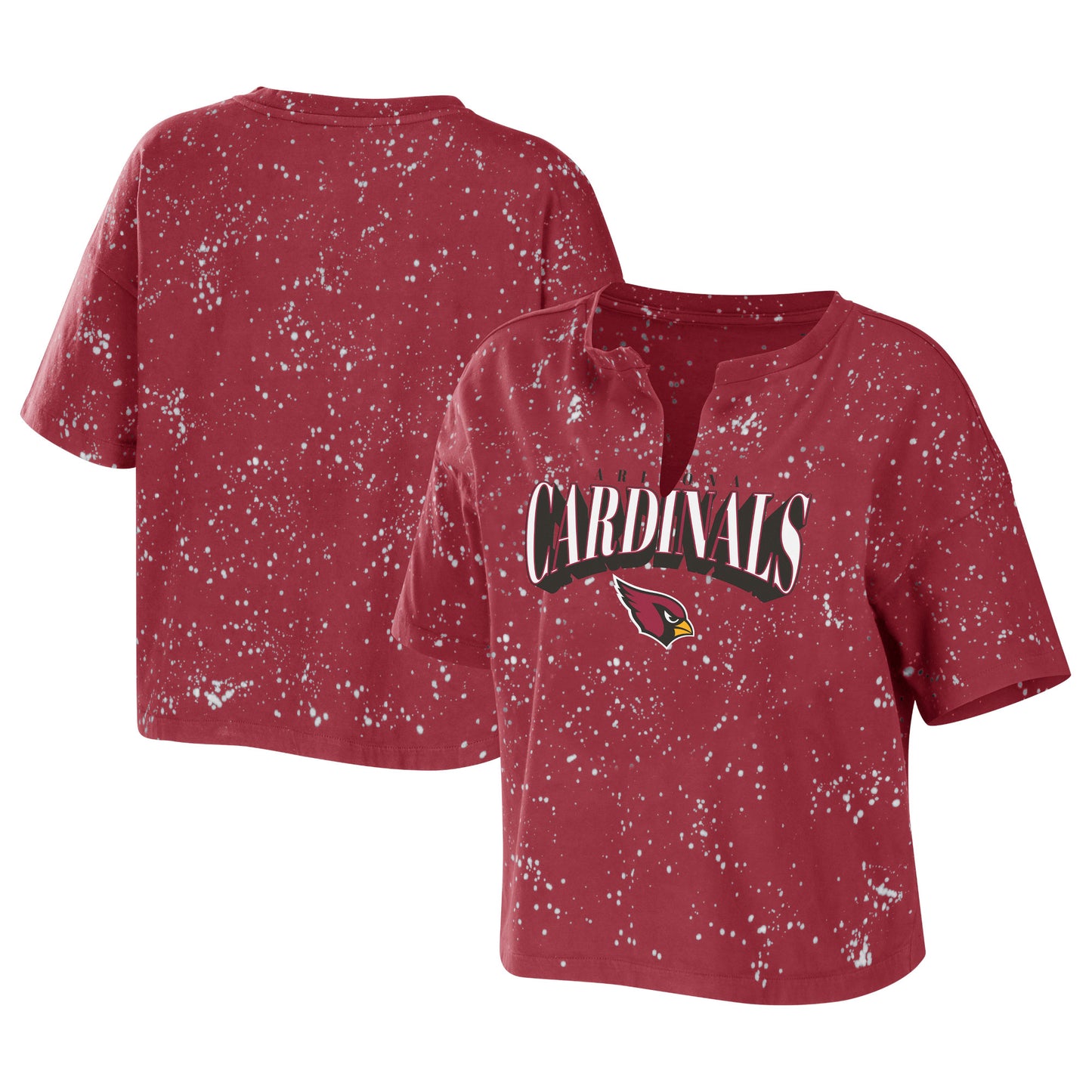 Women's WEAR by Erin Andrews Cardinal Arizona Cardinals Bleach Wash Splatter Notch Neck Cropped T-Shirt