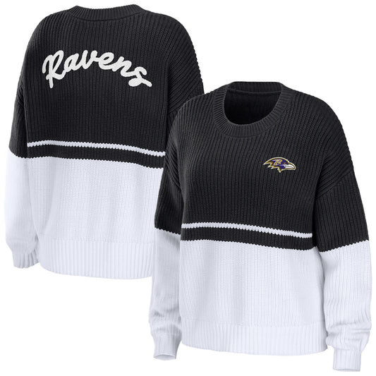 Women's WEAR by Erin Andrews Black/White Baltimore Ravens Chunky Script Wordmark Pullover Sweater