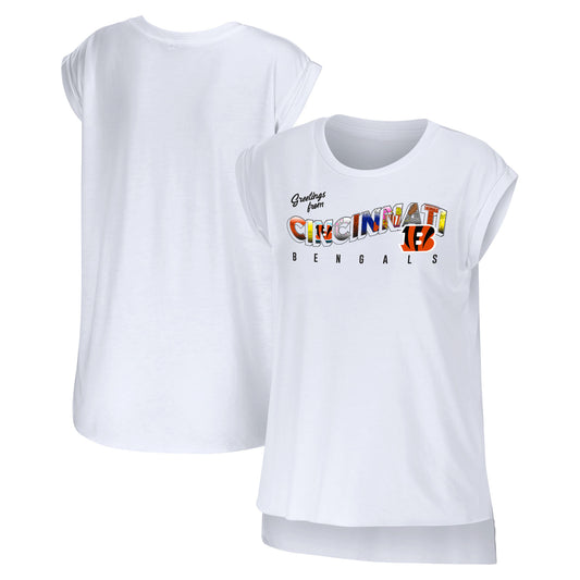 Women's WEAR by Erin Andrews White Cincinnati Bengals Greetings From Muscle T-Shirt