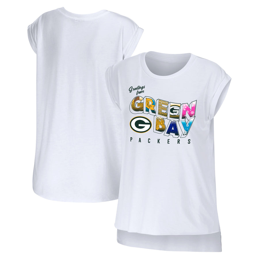 Women's WEAR by Erin Andrews White Green Bay Packers Greetings From Muscle T-Shirt