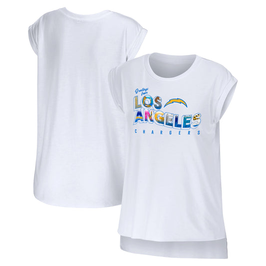 Women's WEAR by Erin Andrews White Los Angeles Chargers Greetings From Muscle T-Shirt