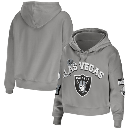 Women's WEAR by Erin Andrews Gray Las Vegas Raiders Plus Size Modest Cropped Pullover Hoodie