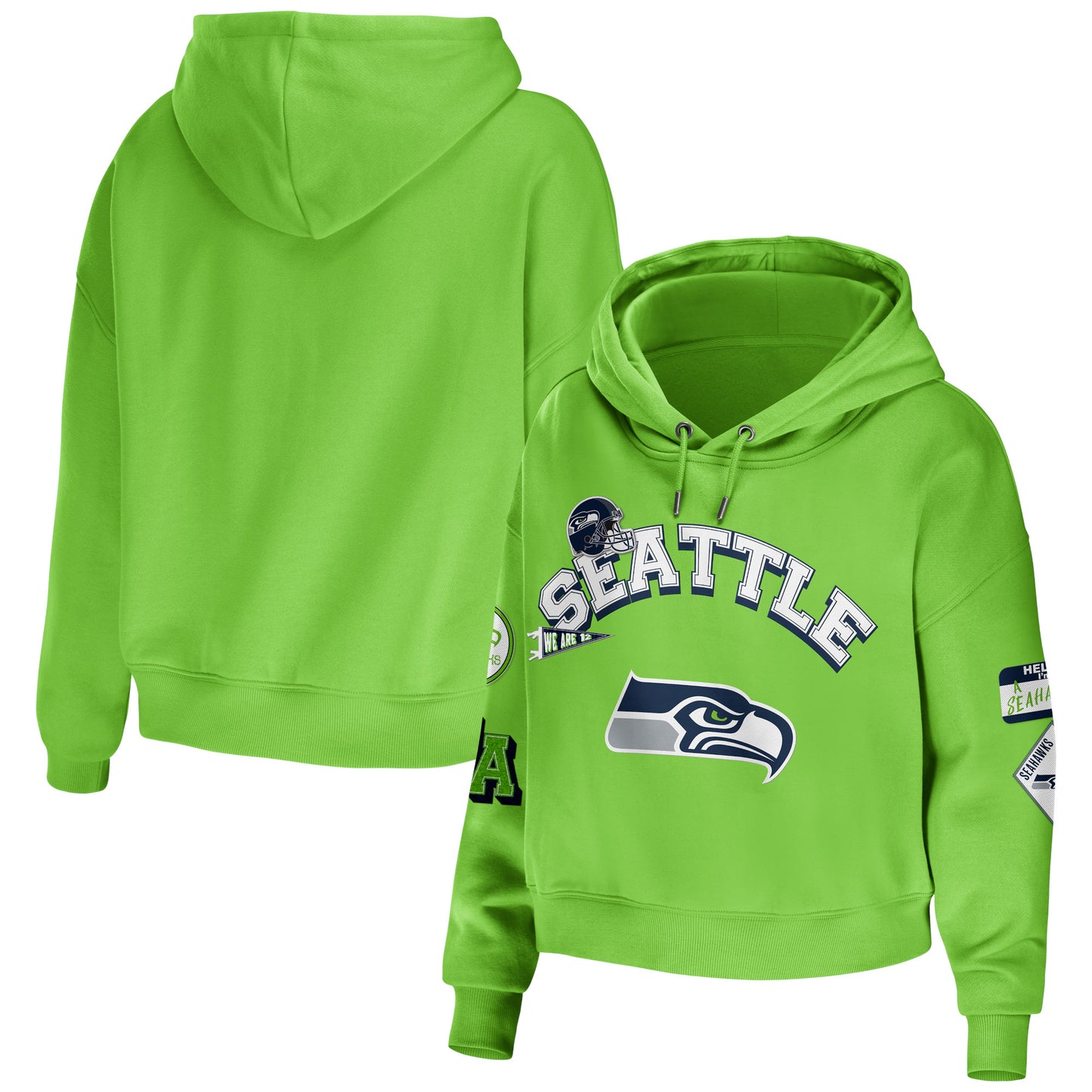 Women's WEAR by Erin Andrews Neon Green Seattle Seahawks Plus Size Modest Cropped Pullover Hoodie