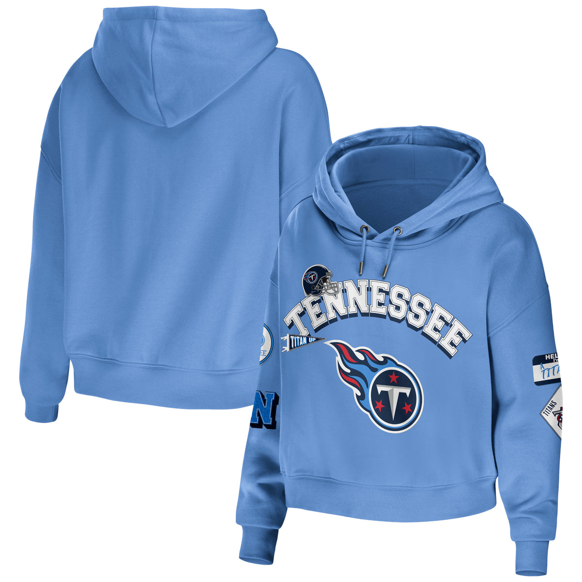 Women's WEAR by Erin Andrews Light Blue Tennessee Titans Plus Size Modest Cropped Pullover Hoodie