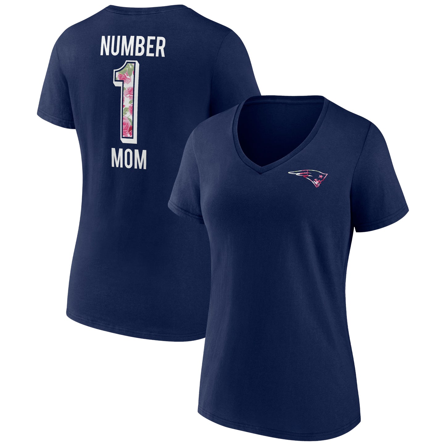 Women's Fanatics Navy New England Patriots Plus Size Mother's Day #1 Mom V-Neck T-Shirt