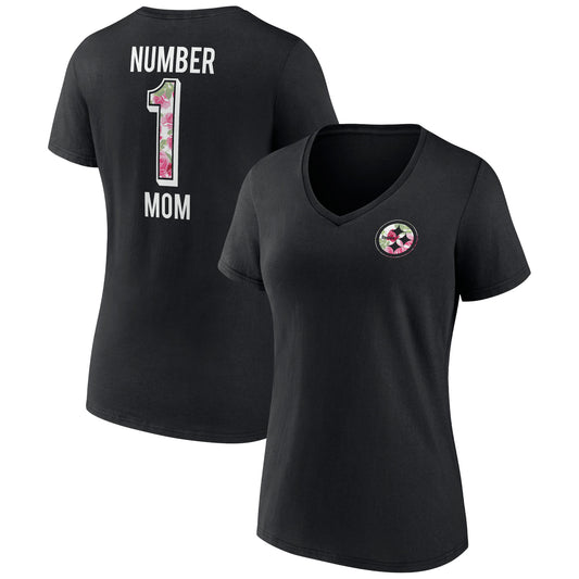 Women's Fanatics Black Pittsburgh Steelers Plus Size Mother's Day #1 Mom V-Neck T-Shirt