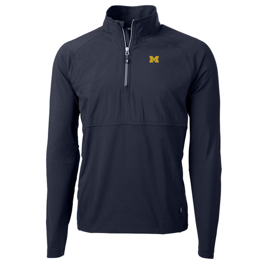 Men's Cutter & Buck Navy Michigan Wolverines Adapt Eco Knit Hybrid Recycled Quarter-Zip Pullover Top