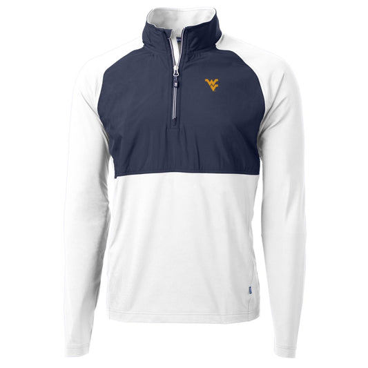 Men's Cutter & Buck White/Navy West Virginia Mountaineers Adapt Eco Knit Hybrid Recycled Quarter-Zip Pullover Top