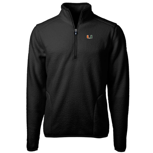 Men's Cutter & Buck Black Miami Hurricanes Team Logo Cascade Eco Sherpa Fleece Quarter-Zip Pullover Jacket