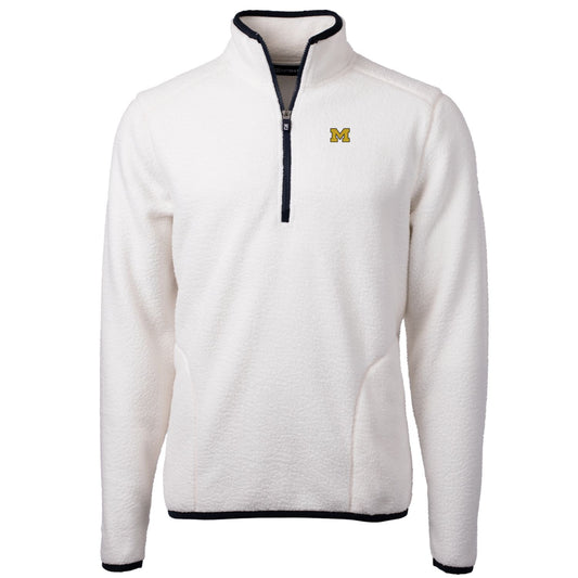 Men's Cutter & Buck Cream Michigan Wolverines Team Logo Cascade Eco Sherpa Fleece Quarter-Zip Pullover Jacket