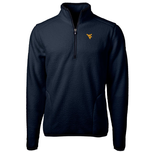 Men's Cutter & Buck Navy West Virginia Mountaineers Team Logo Cascade Eco Sherpa Fleece Quarter-Zip Pullover Jacket