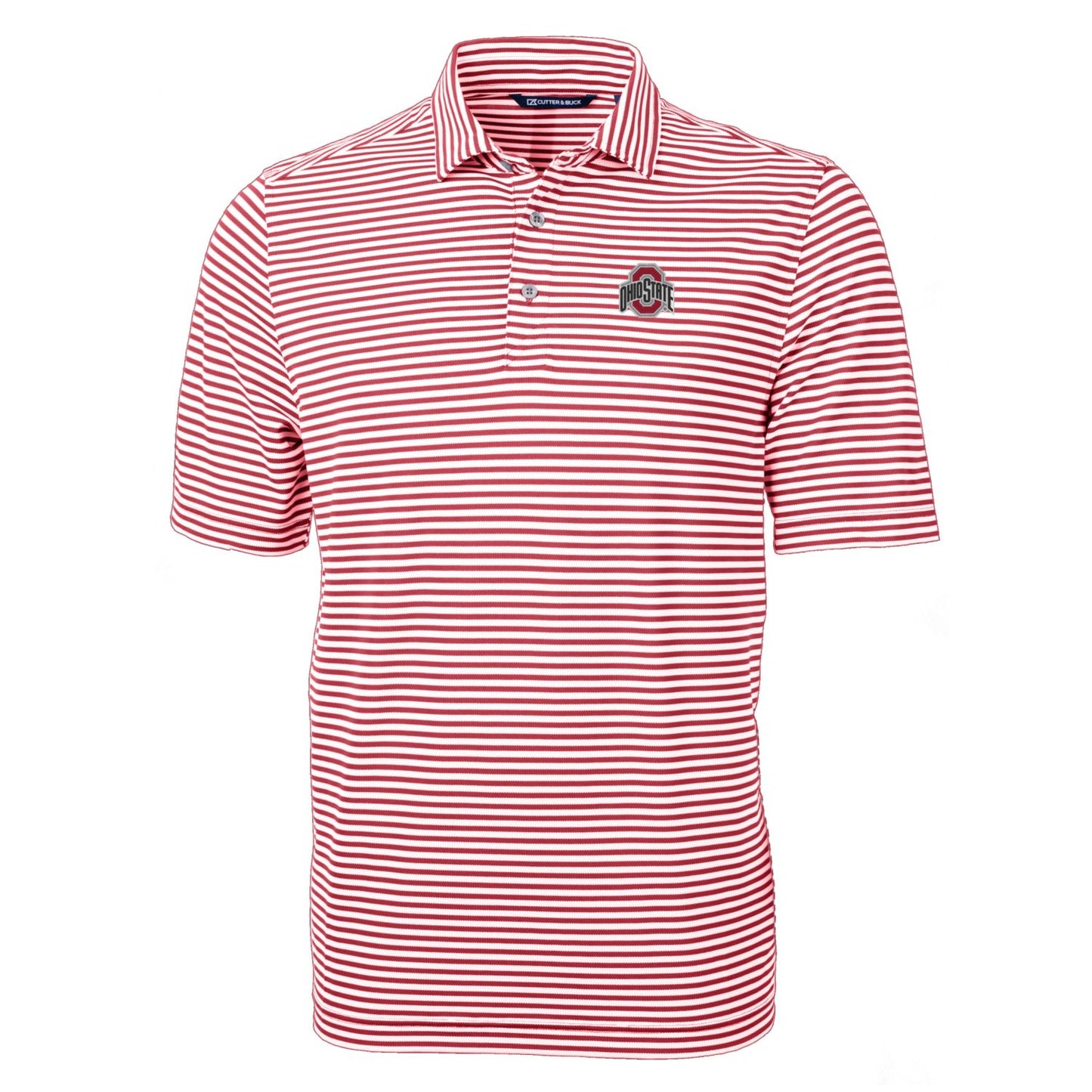 Men's Cutter & Buck Scarlet Ohio State Buckeyes Team Logo Virtue Eco Pique Stripe Recycled Polo