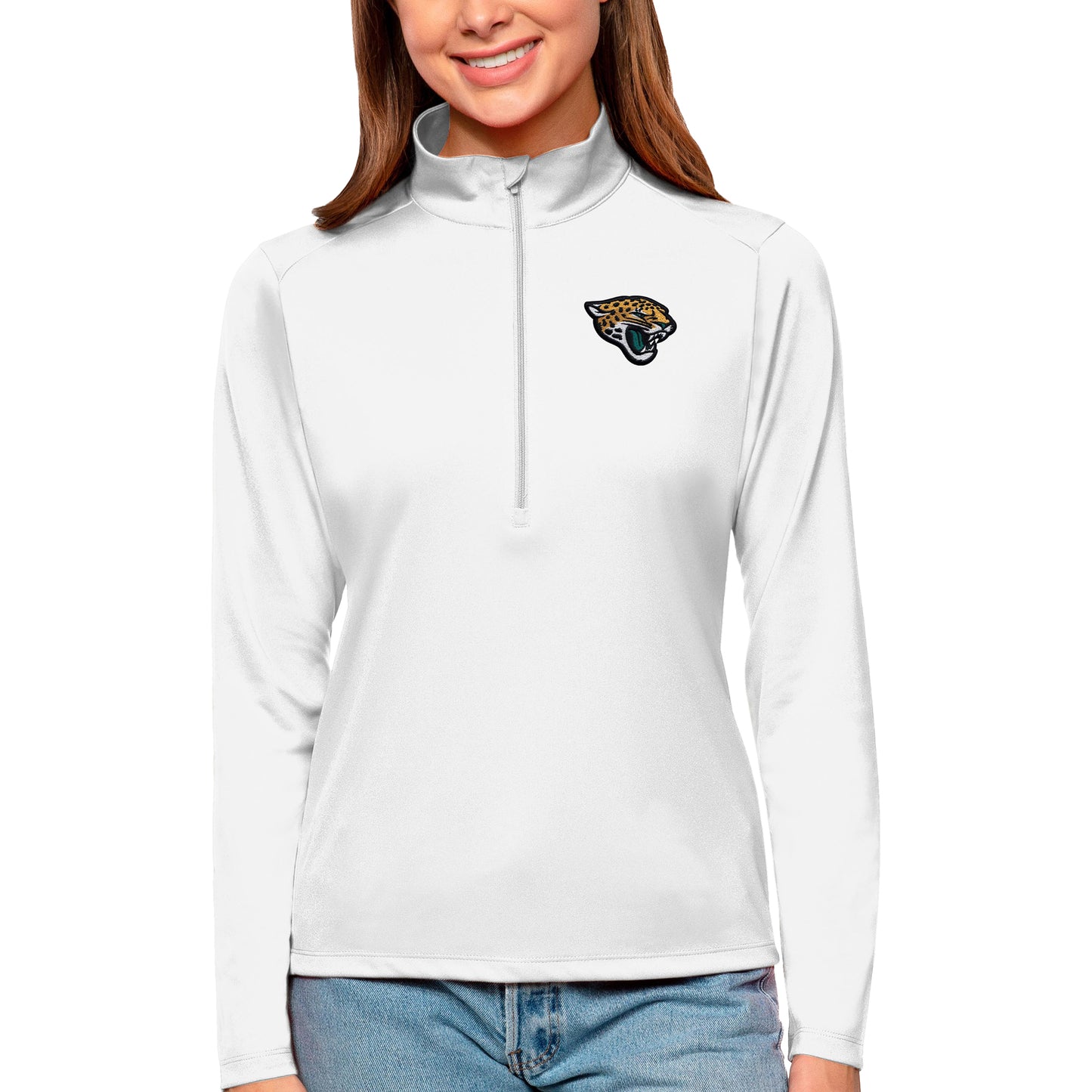 Women's Antigua White Jacksonville Jaguars Tribute Half-Zip Top