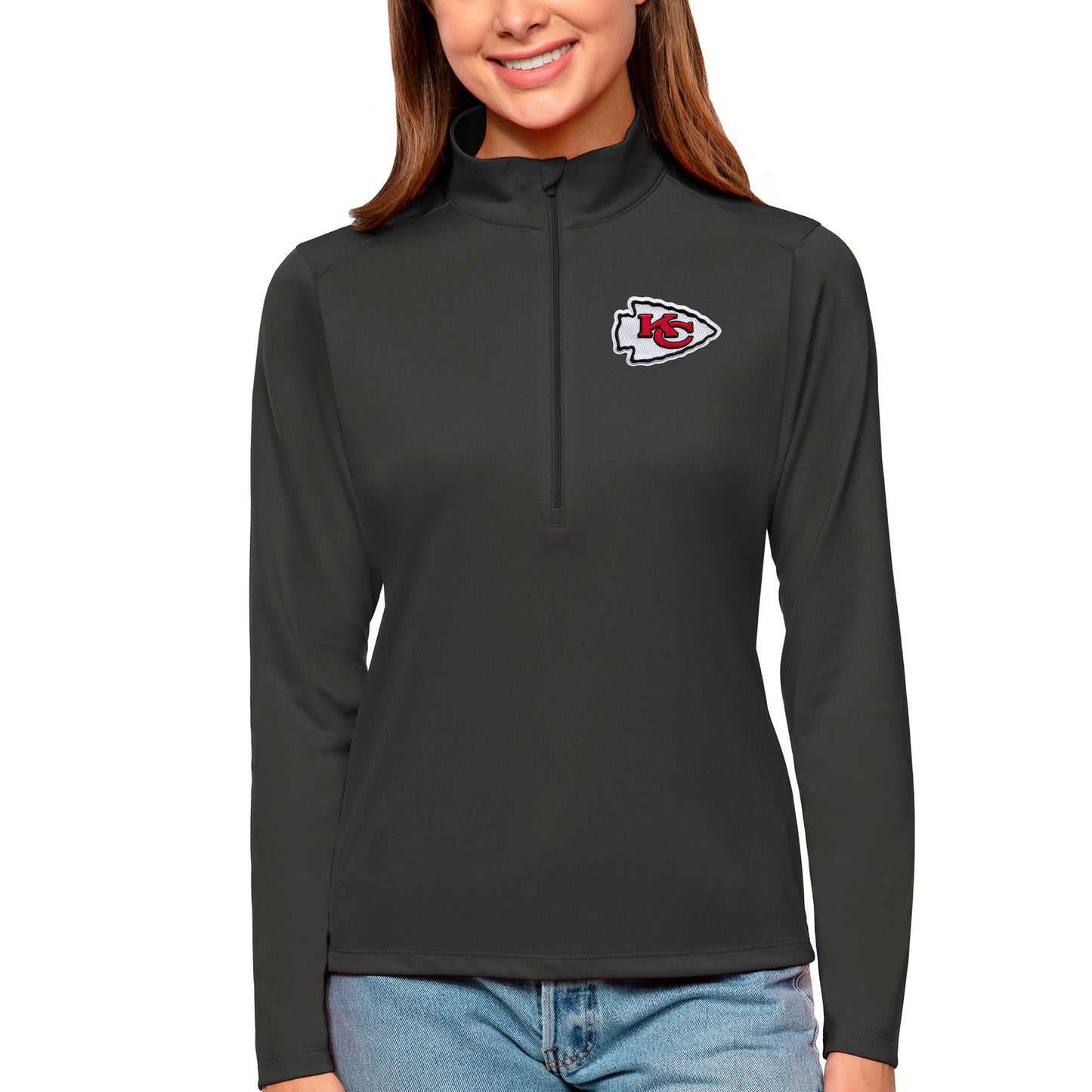 Women's Antigua Charcoal Kansas City Chiefs Tribute Half-Zip Top