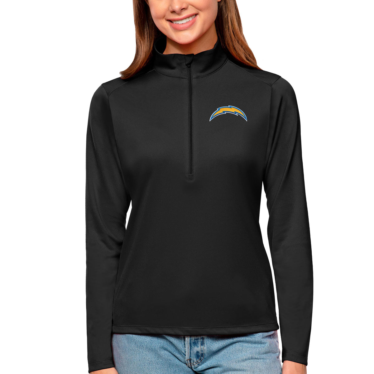 Women's Antigua Black Los Angeles Chargers Tribute Half-Zip Top