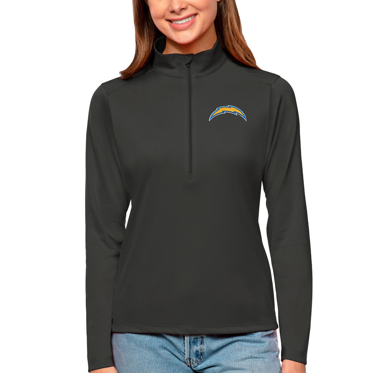 Women's Antigua Charcoal Los Angeles Chargers Tribute Half-Zip Top