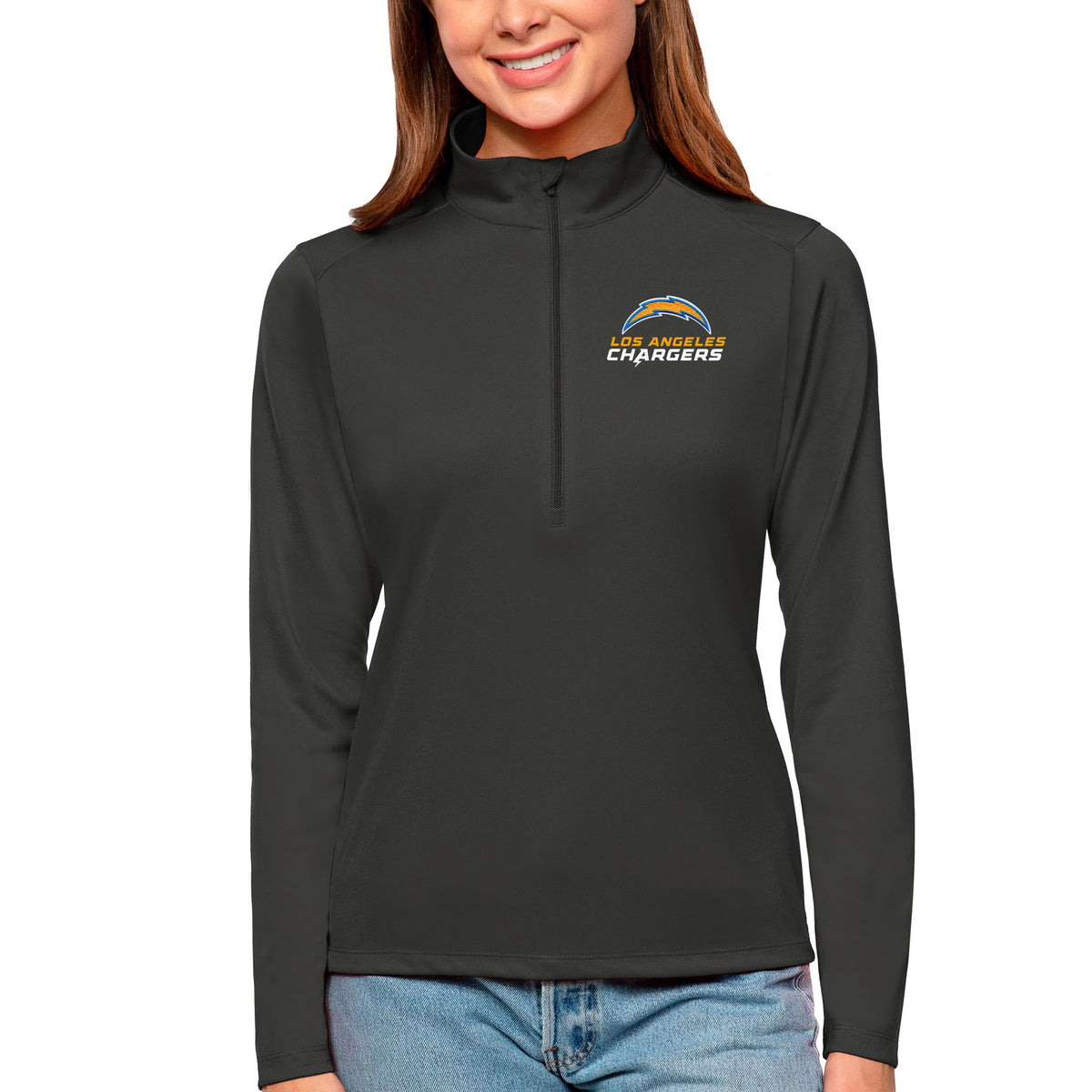 Women's Antigua Charcoal Los Angeles Chargers Tribute Half-Zip Top