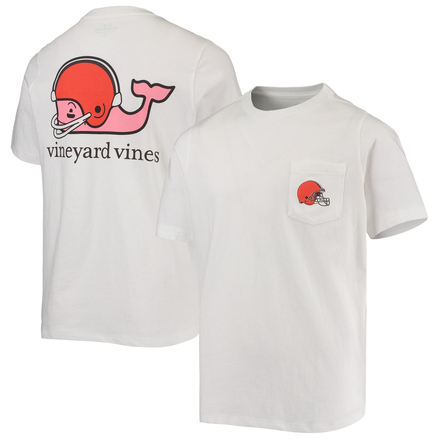 Youth Vineyard Vines White Cleveland Browns Whale Helmet Pocket T-Shirt