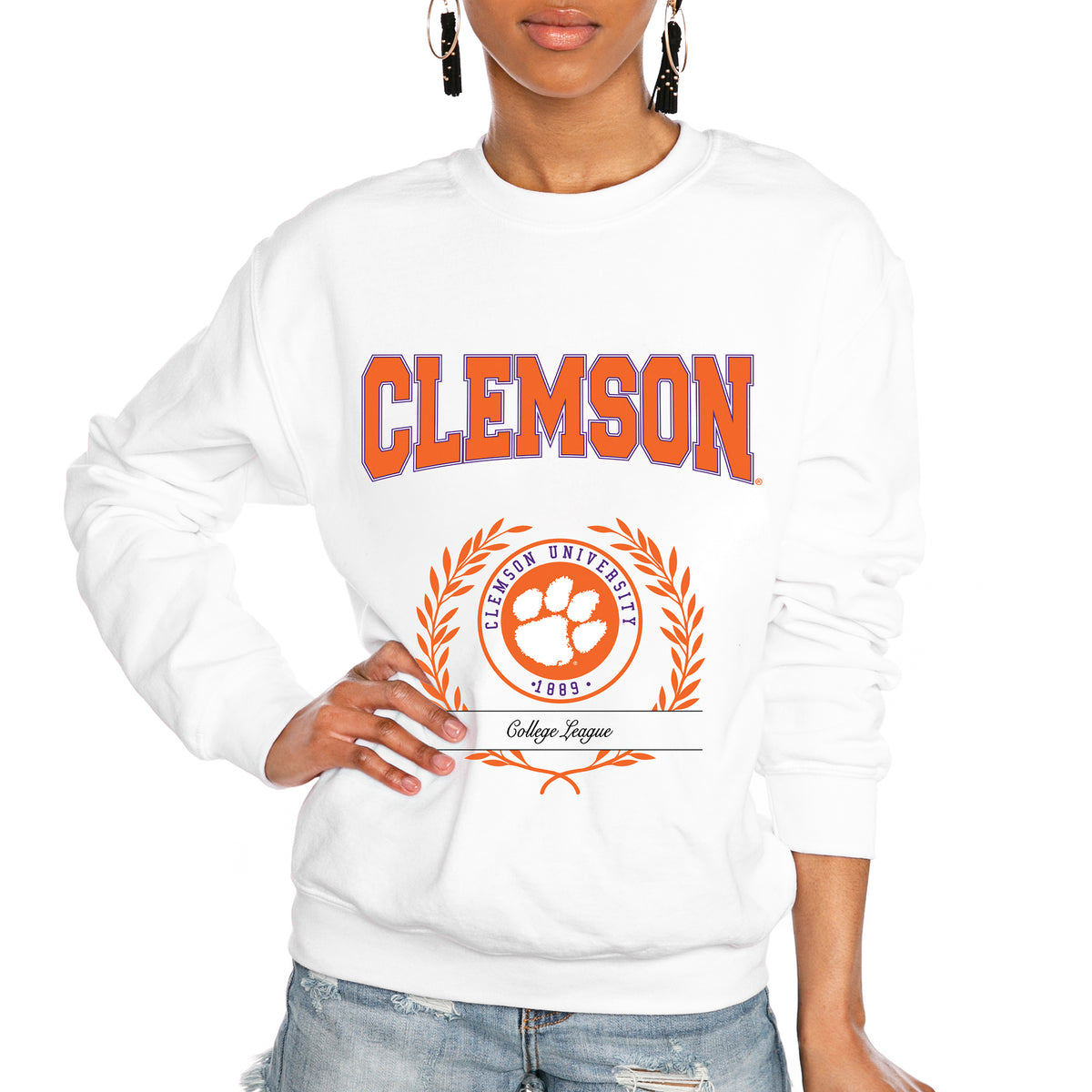 Women's Gameday Couture White Clemson Tigers It's a Vibe Classic Fleece Crewneck Pullover Sweatshirt
