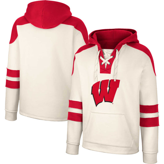 Men's Colosseum Cream Wisconsin Badgers Lace-Up 4.0 Vintage Pullover Hoodie