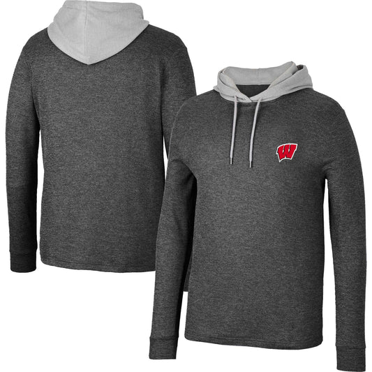 Men's Colosseum Black Wisconsin Badgers Ballot Waffle-Knit Thermal Long Sleeve Hoodie T-Shirt