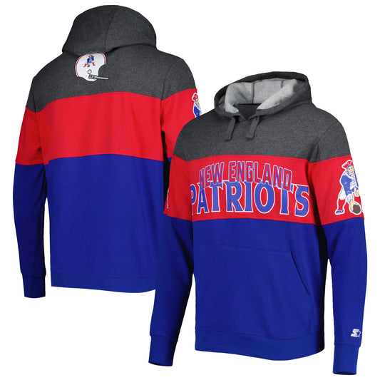 Men's Starter Royal/Heather Charcoal New England Patriots Extreme Vintage Logos Pullover Hoodie