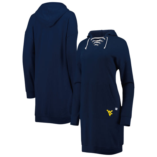 Women's Touch Navy West Virginia Mountaineers Quick Pass Lace-Up V-Neck Hoodie Dress