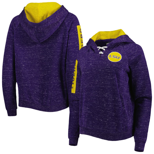 Women's Colosseum Purple LSU Tigers The Devil Speckle Lace-Placket Raglan Pullover Hoodie