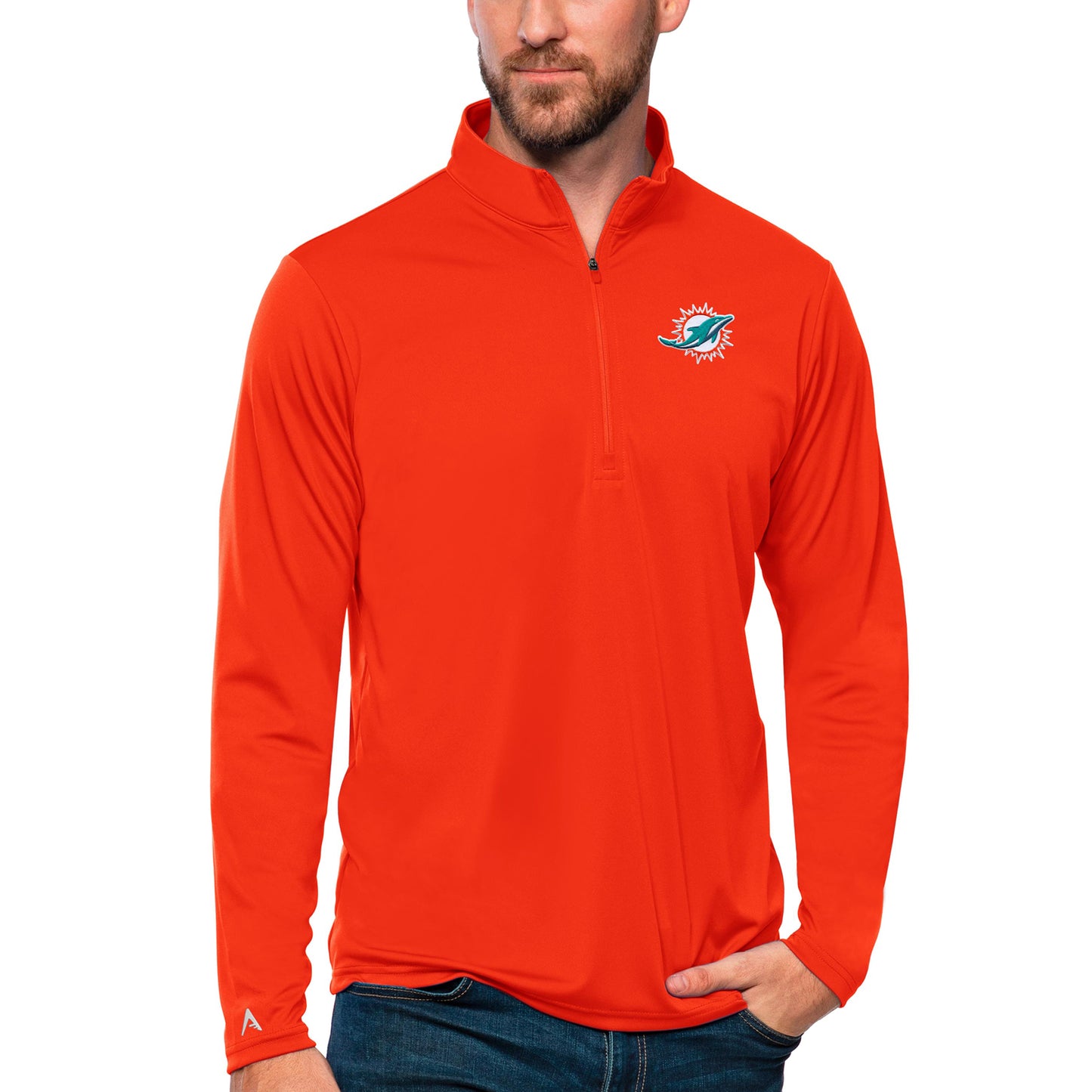 Men's Antigua Orange Miami Dolphins Tribute Quarter-Zip Lightweight Pullover Top