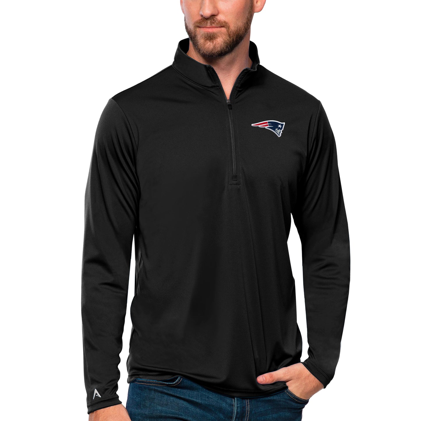 Men's Antigua Black New England Patriots Tribute Quarter-Zip Lightweight Pullover Top