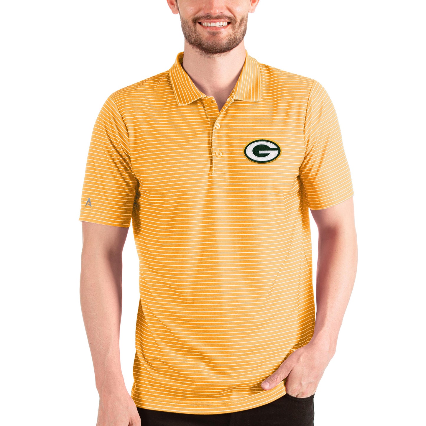 Men's Antigua Heathered Gold/White Green Bay Packers Esteem Polo